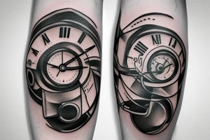mechanical step counter with rectangular dial. tattoo on the leg, on the calf, from below there is a transmission shaft to the counter mechanism tattoo idea