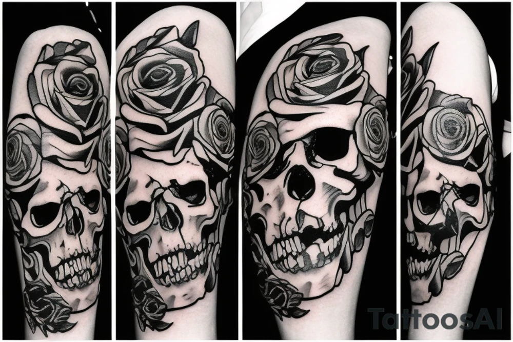 a skull that has a knife in its teeth and also a rose on the other side tattoo idea