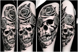 a skull that has a knife in its teeth and also a rose on the other side tattoo idea