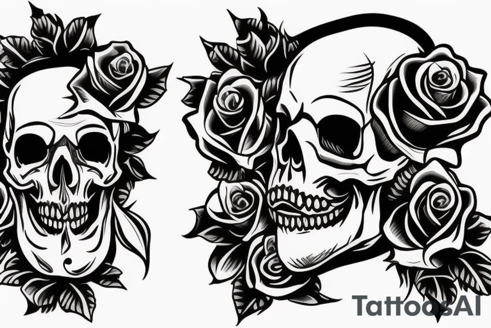 a skull that has a knife in its teeth and also a rose on the other side tattoo idea