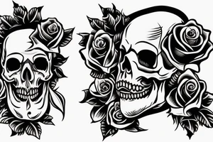 a skull that has a knife in its teeth and also a rose on the other side tattoo idea