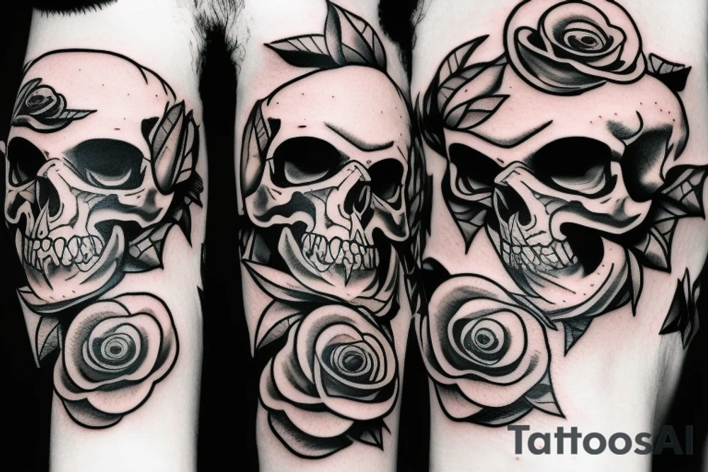 a skull that has a knife in its teeth and also a rose on the other side tattoo idea
