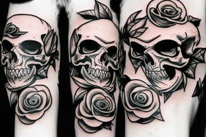 a skull that has a knife in its teeth and also a rose on the other side tattoo idea