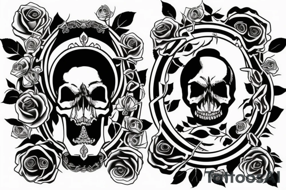 a skull that has a knife in its teeth and also a rose on the other side tattoo idea