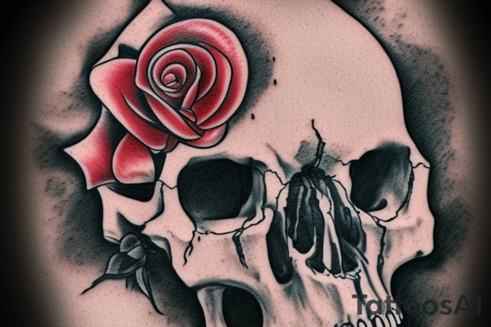 a skull that has a knife in its teeth and also a rose on the other side tattoo idea