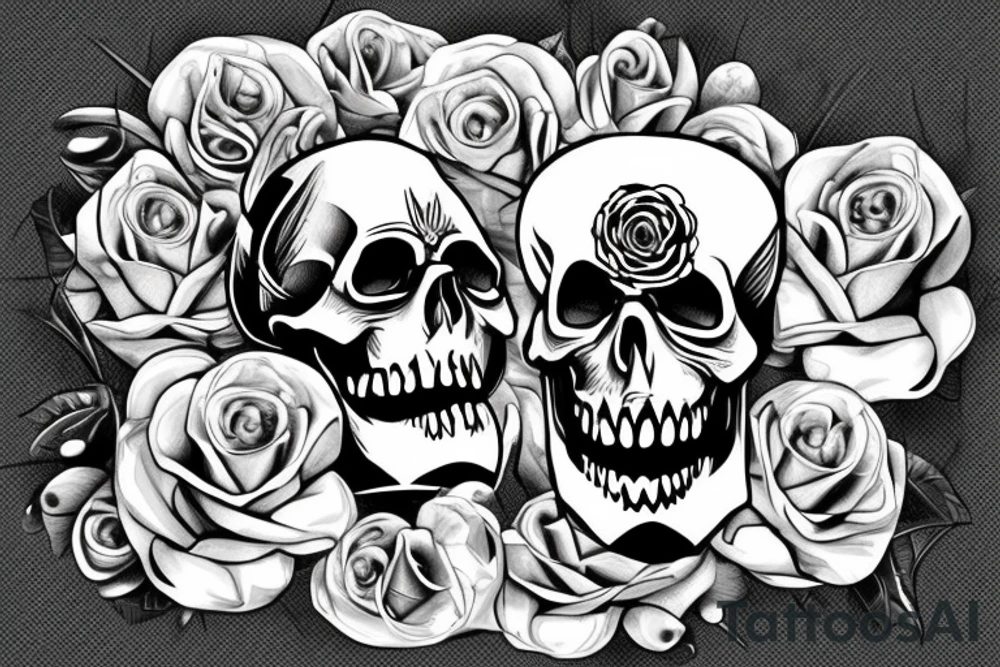 a skull that has a knife in its teeth and also a rose on the other side tattoo idea