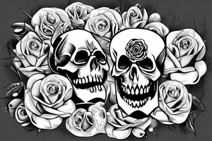 a skull that has a knife in its teeth and also a rose on the other side tattoo idea