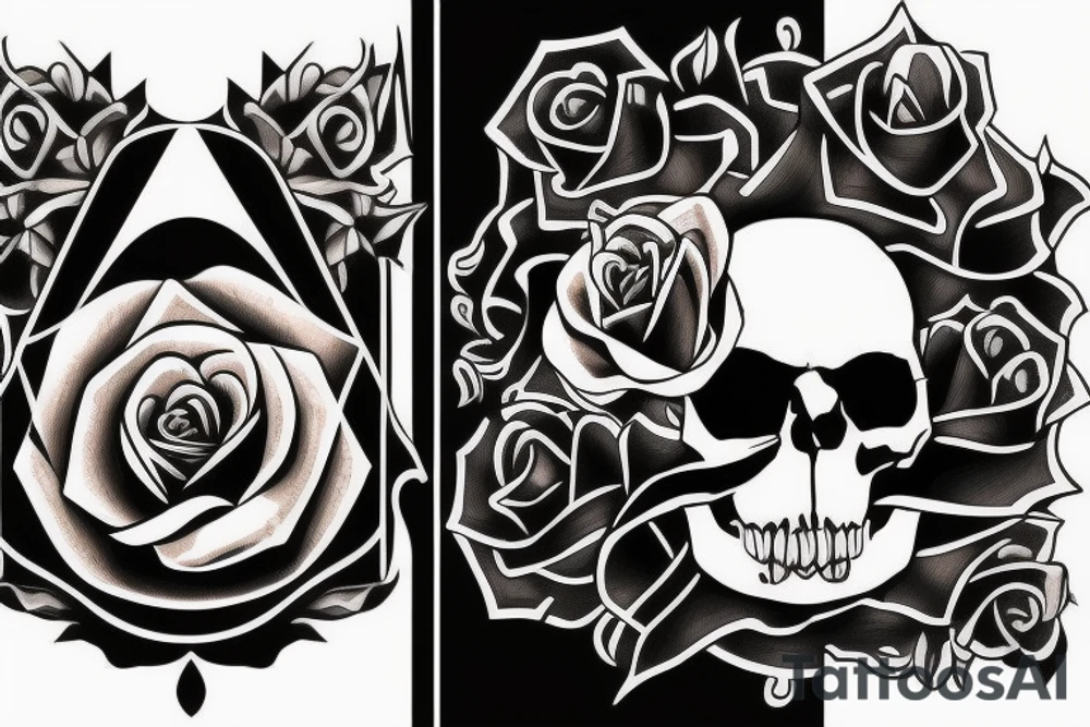 a skull that has a knife in its teeth and also a rose on the other side tattoo idea