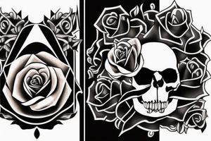 a skull that has a knife in its teeth and also a rose on the other side tattoo idea