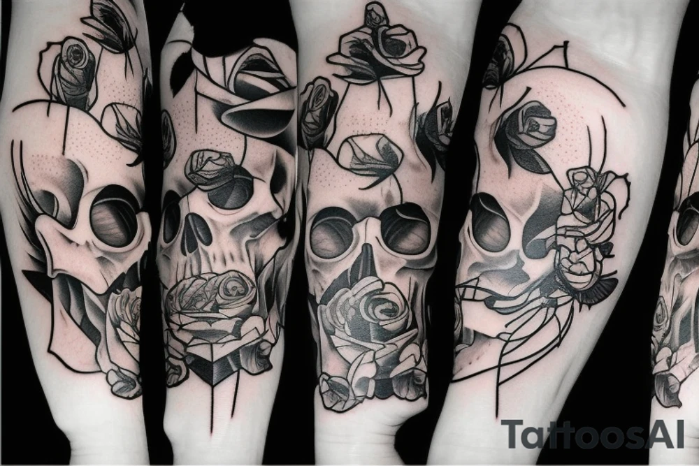 a skull that has a knife in its teeth and also a rose on the other side tattoo idea