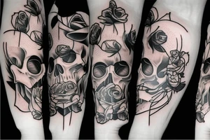 a skull that has a knife in its teeth and also a rose on the other side tattoo idea