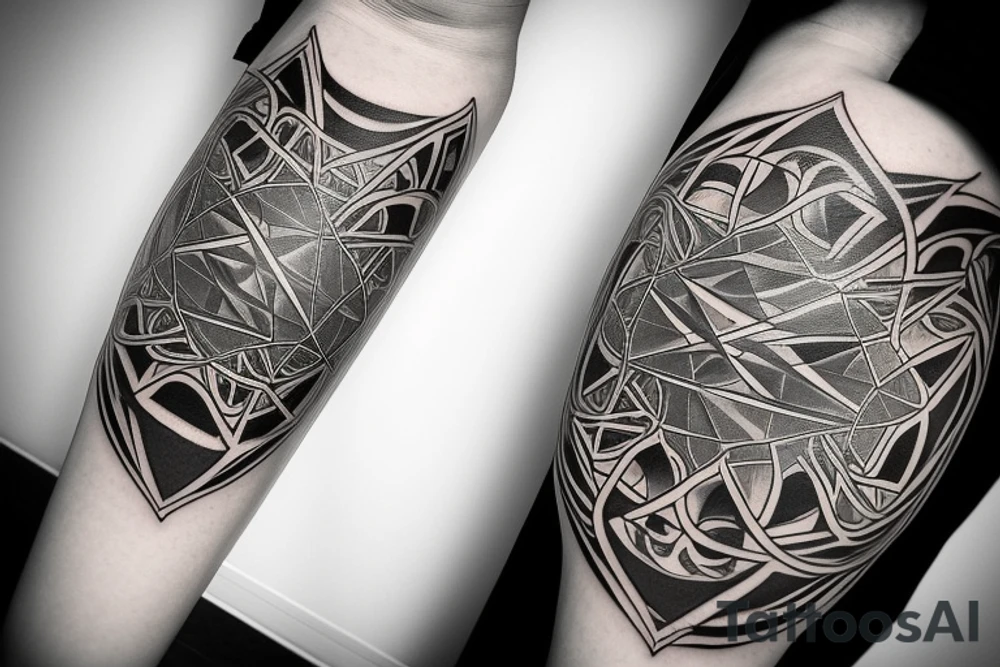 The tattoo should have a geometric theme, incorporating shapes, patterns and lines that form a harmonious and visually appealing composition. It should exude a cool and modern vibe, just like Dr. Woo's signature style. The design should be detailed and precise, showcasing the subtlety and sophistication that Dr. Woo is known for. Use black and grey inks to recreate his distinct, refined aesthetic. Remember, the goal is not just to create a tattoo, but a piece of wearable art that captures the intrigue and allure of Dr. Woo's work. tattoo idea
