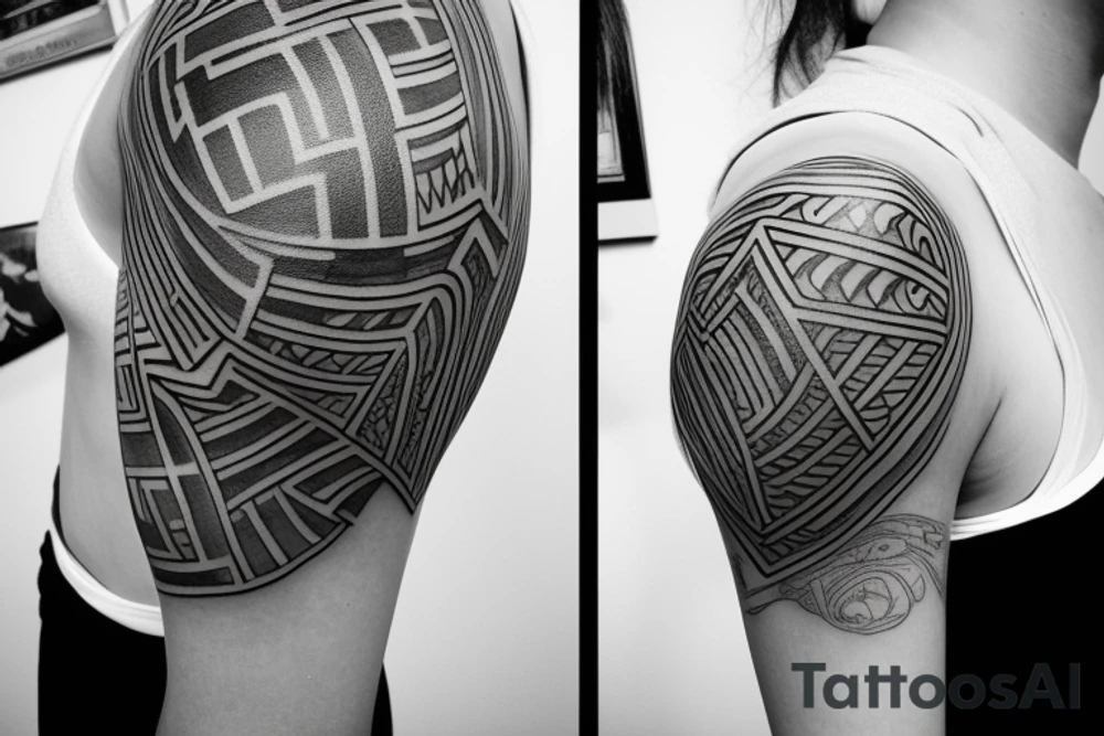The tattoo should have a geometric theme, incorporating shapes, patterns and lines that form a harmonious and visually appealing composition. It should exude a cool and modern vibe, just like Dr. Woo's signature style. The design should be detailed and precise, showcasing the subtlety and sophistication that Dr. Woo is known for. Use black and grey inks to recreate his distinct, refined aesthetic. Remember, the goal is not just to create a tattoo, but a piece of wearable art that captures the intrigue and allure of Dr. Woo's work. tattoo idea
