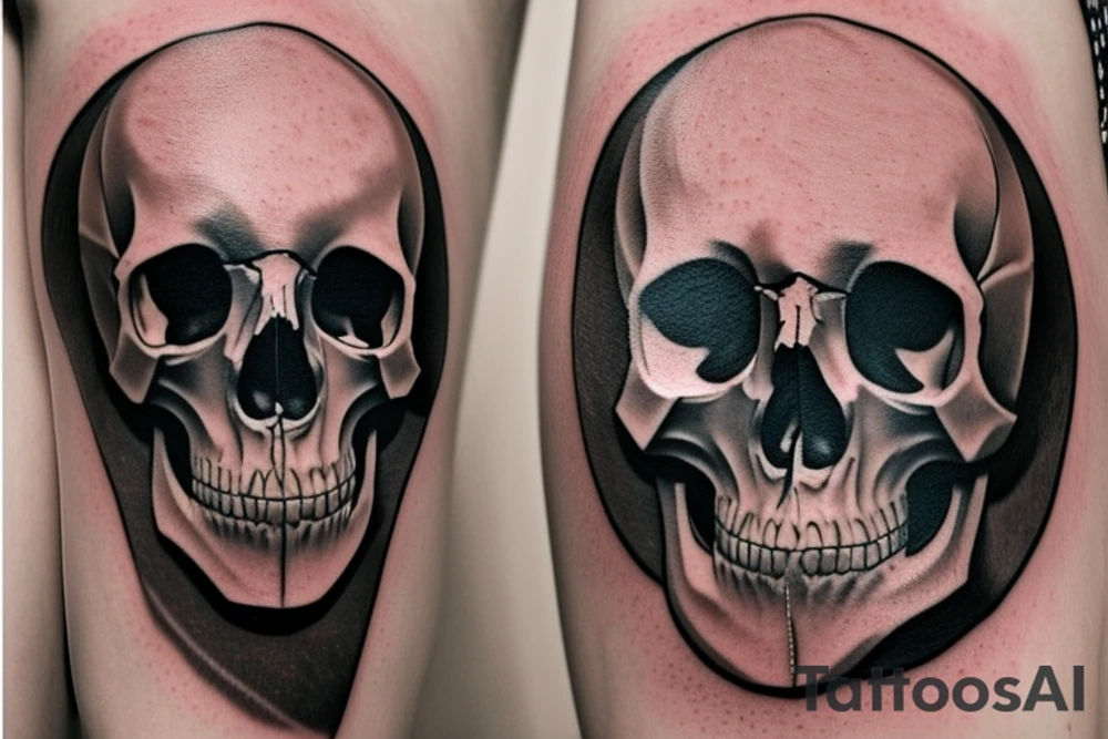 Creat a Skull tattoo. Should have a geometric theme, incorporating shapes, patterns and lines that form a harmonious and visually appealing composition. It should exude a cool and modern vibe, just like Dr. Woo's signature style. The design should be detailed and precise, showcasing the subtlety and sophistication that Dr. Woo is known for. Use black and grey inks to recreate his distinct, refined aesthetic. Remember, the goal is not just to create a tattoo, but a piece of wearable art that captures the intrigue and allure of Dr. Woo's work. tattoo idea