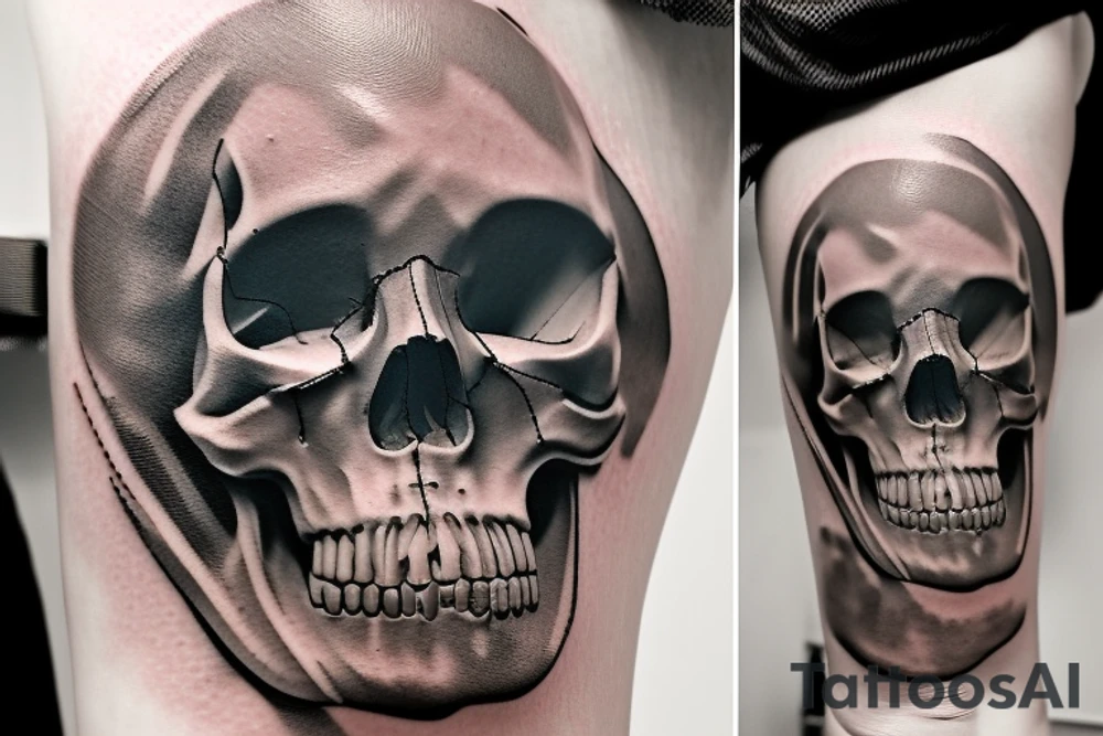Creat a Skull tattoo. Should have a geometric theme, incorporating shapes, patterns and lines that form a harmonious and visually appealing composition. It should exude a cool and modern vibe, just like Dr. Woo's signature style. The design should be detailed and precise, showcasing the subtlety and sophistication that Dr. Woo is known for. Use black and grey inks to recreate his distinct, refined aesthetic. Remember, the goal is not just to create a tattoo, but a piece of wearable art that captures the intrigue and allure of Dr. Woo's work. tattoo idea