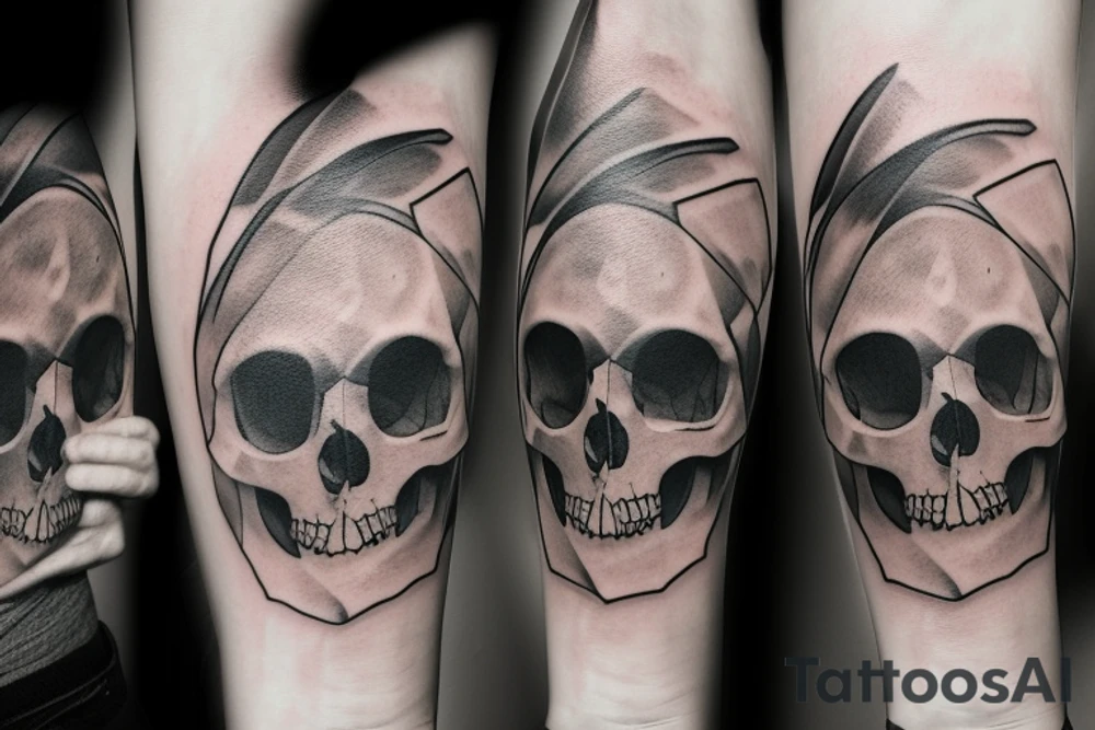 Creat a Skull tattoo. Should have a geometric theme, incorporating shapes, patterns and lines that form a harmonious and visually appealing composition. It should exude a cool and modern vibe, The design should be detailed and precise, showcasing the subtlety and sophistication t tattoo idea