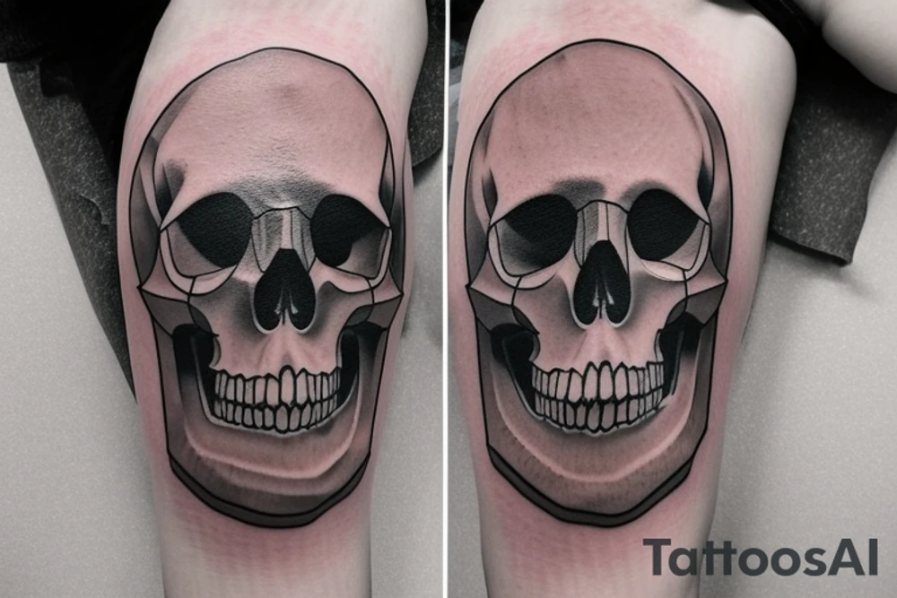 Creat a Skull tattoo. Should have a geometric theme, incorporating shapes, patterns and lines that form a harmonious and visually appealing composition. It should exude a cool and modern vibe, The design should be detailed and precise, showcasing the subtlety and sophistication t tattoo idea