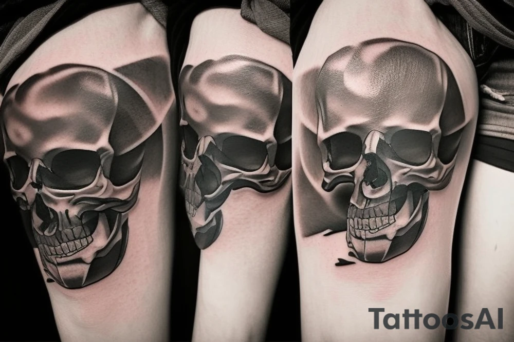 Creat a Skull tattoo. Should have a geometric theme, incorporating shapes, patterns and lines that form a harmonious and visually appealing composition. It should exude a cool and modern vibe, The design should be detailed and precise, showcasing the subtlety and sophistication t tattoo idea