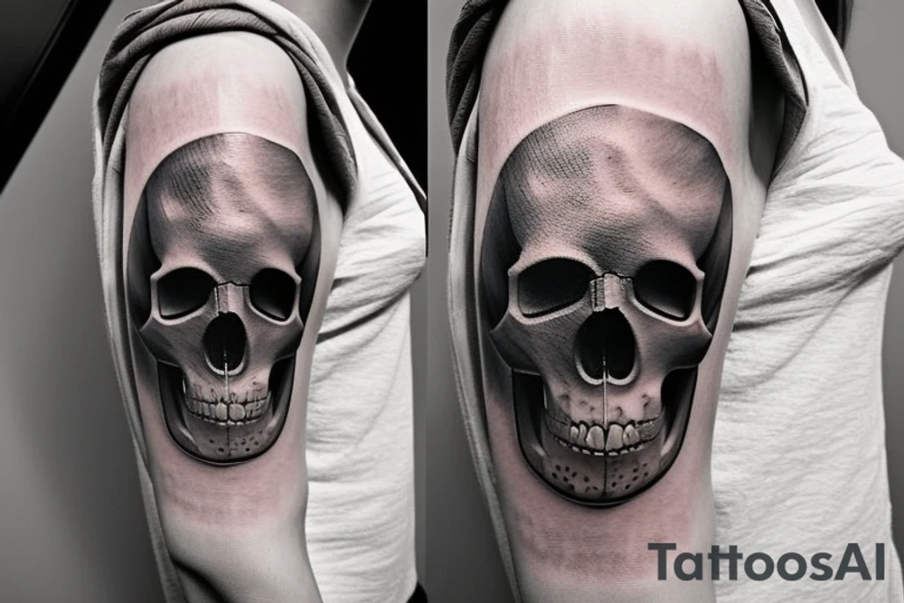 Creat a Skull tattoo. Should have a geometric theme, incorporating shapes, patterns and lines that form a harmonious and visually appealing composition. It should exude a cool and modern vibe, The design should be detailed and precise, showcasing the subtlety and sophistication t tattoo idea