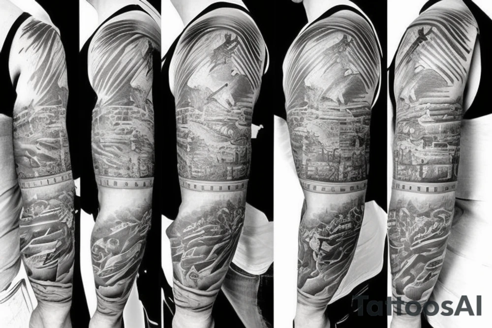 Sleeve Tattoo with a military theme. tattoo idea