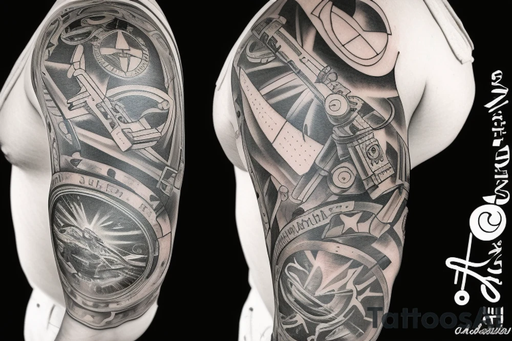 Sleeve Tattoo with a military theme. tattoo idea
