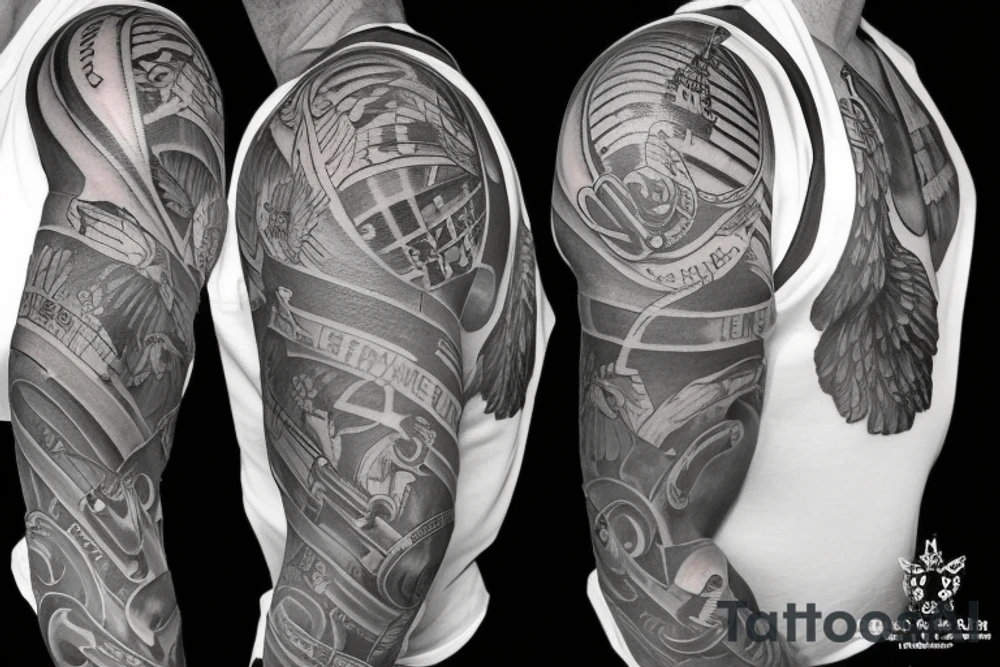 Sleeve Tattoo with a military theme. tattoo idea