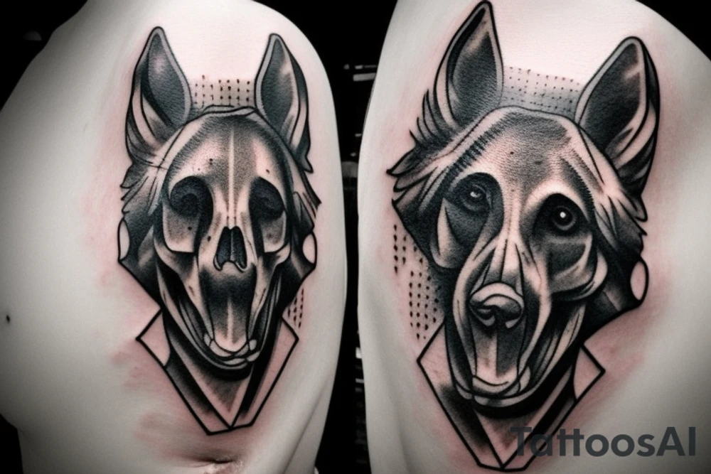 a skull tattoo with a german shepherd behind it tattoo idea