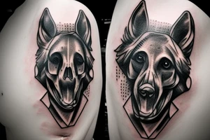 a skull tattoo with a german shepherd behind it tattoo idea