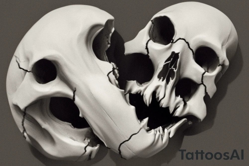 Design an image featuring a skull, split down the middle as if by the powerful jaws of a German Shepherd. The skull should be depicted in a slightly macabre, yet compelling way, almost as if it is melting or made of goo in the center where it is being split apart. The German Shepherd should be portrayed mid-action, its jaw wide open, showcasing its strength and ferocity.

Capture the raw energy of the scene, paying close attention to the details of the dog's snarling expression and the unique texture of the 'gooey' skull. The image should be both intense and captivating, striking a balance between the gruesome and the fascinating. It should exude a sense of power and dominance, illustrating the formidable might of the German Shepherd. tattoo idea