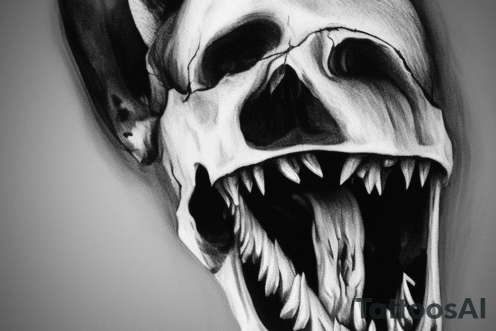 Design an image featuring a skull, split down the middle as if by the powerful jaws of a German Shepherd. The skull should be depicted in a slightly macabre, yet compelling way, almost as if it is melting or made of goo in the center where it is being split apart. The German Shepherd should be portrayed mid-action, its jaw wide open, showcasing its strength and ferocity.

Capture the raw energy of the scene, paying close attention to the details of the dog's snarling expression and the unique texture of the 'gooey' skull. The image should be both intense and captivating, striking a balance between the gruesome and the fascinating. It should exude a sense of power and dominance, illustrating the formidable might of the German Shepherd. tattoo idea