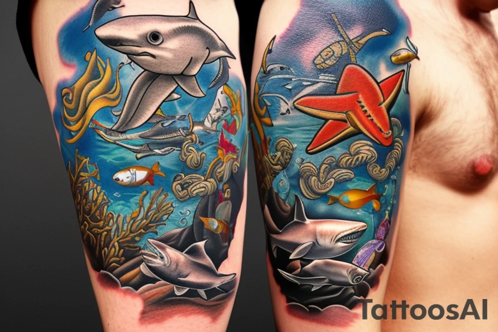 Scuba diver, Saint Brendan, Shark, compass tattoo idea