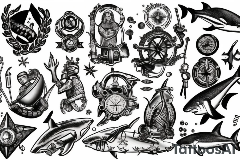 Scuba diver, Saint Brendan, Shark, compass tattoo idea
