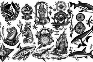 Scuba diver, Saint Brendan, Shark, compass tattoo idea