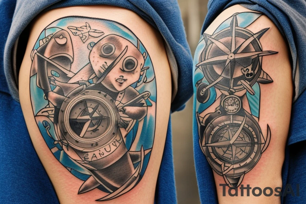 Scuba diver, Saint Brendan, Shark, compass tattoo idea
