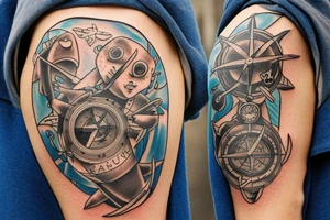 Scuba diver, Saint Brendan, Shark, compass tattoo idea