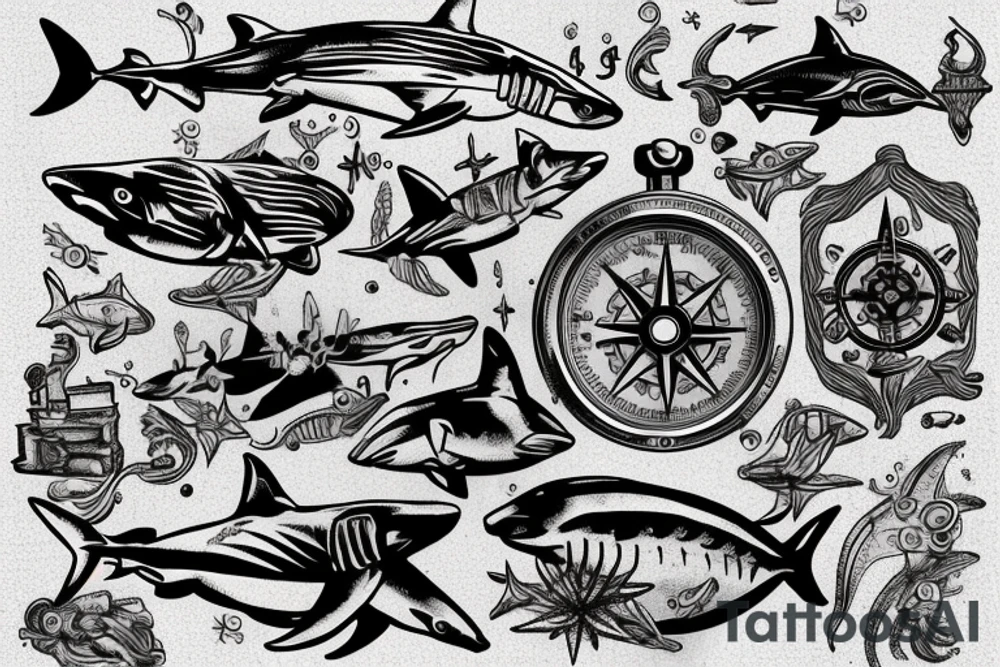 Scuba diver, Saint Brendan, Shark, compass tattoo idea