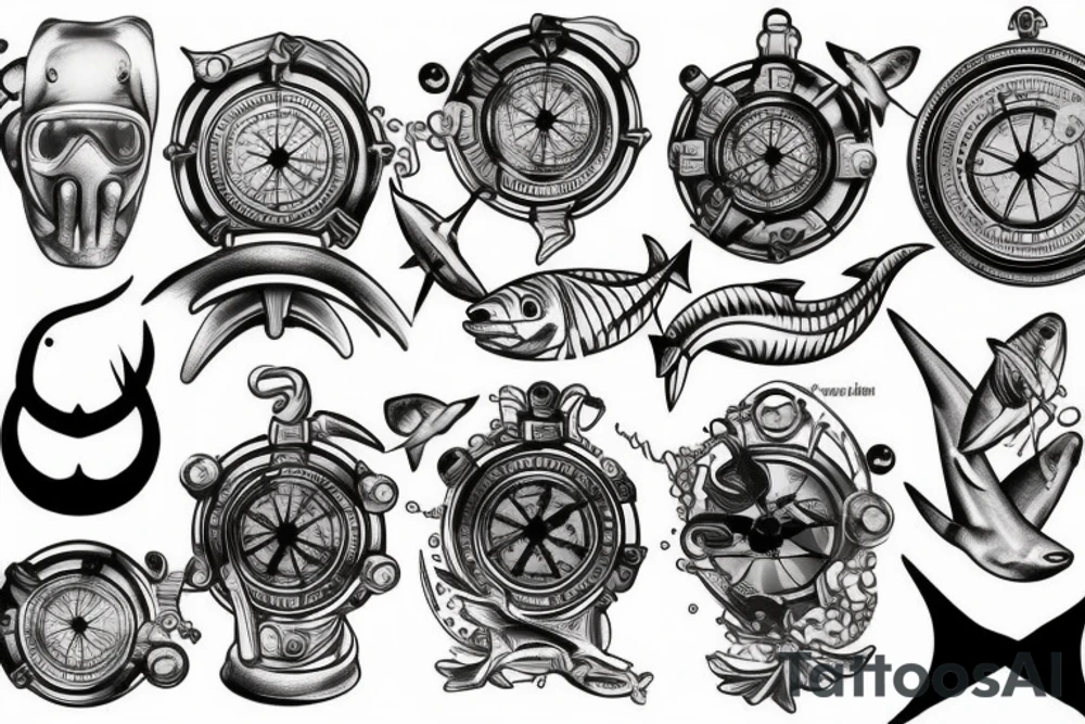 Scuba diver, Saint Brendan, Shark, compass tattoo idea