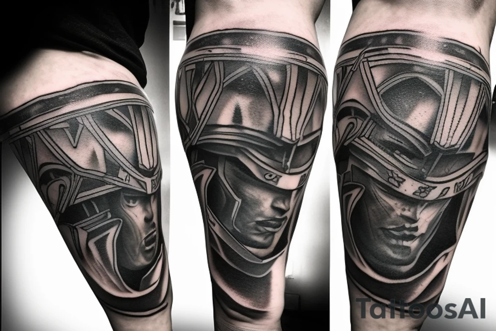 Spartan with helmet full arm sleeve tattoo idea