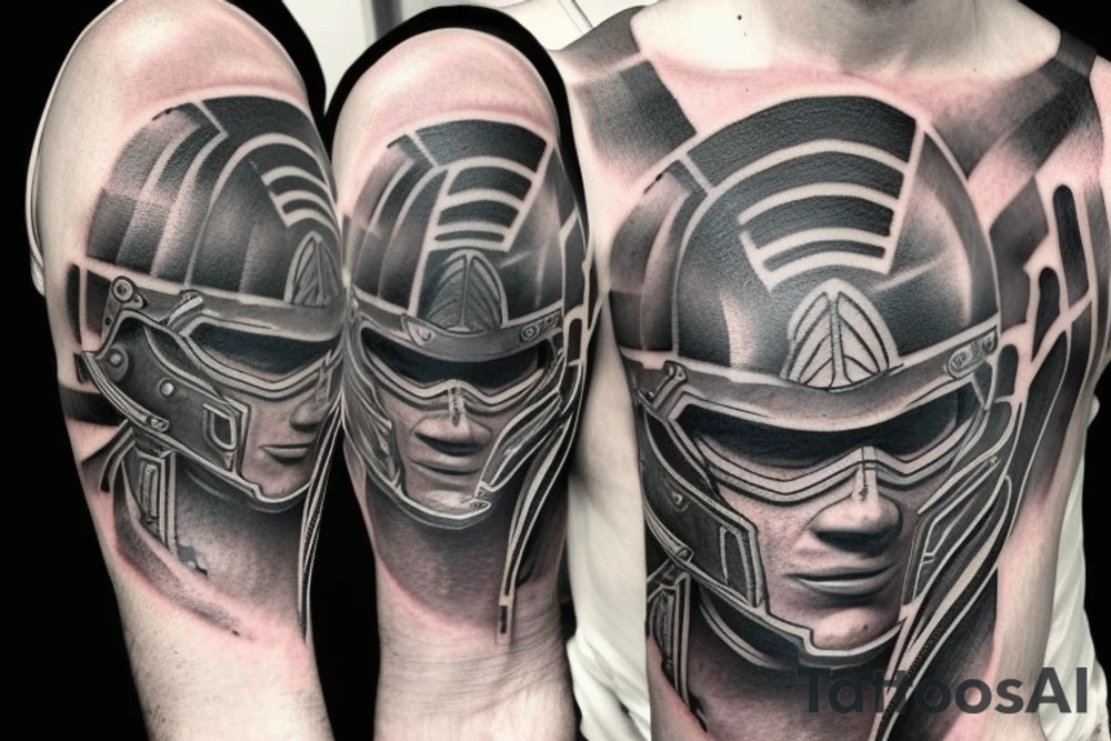 Spartan with helmet full arm sleeve tattoo idea