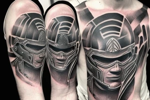 Spartan with helmet full arm sleeve tattoo idea