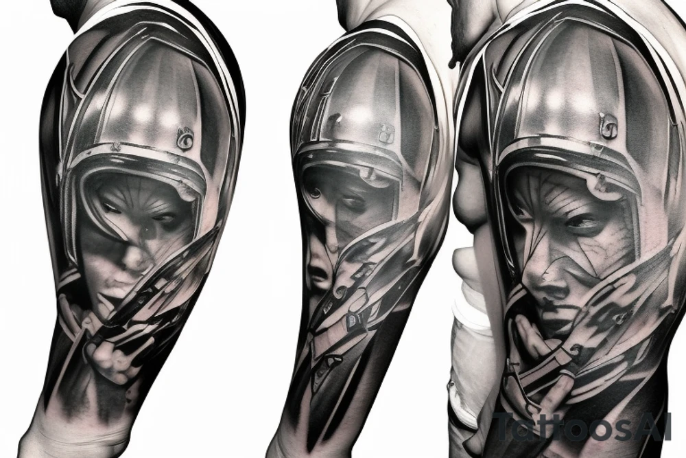 Spartan with helmet full arm sleeve tattoo idea