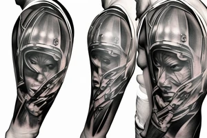 Spartan with helmet full arm sleeve tattoo idea