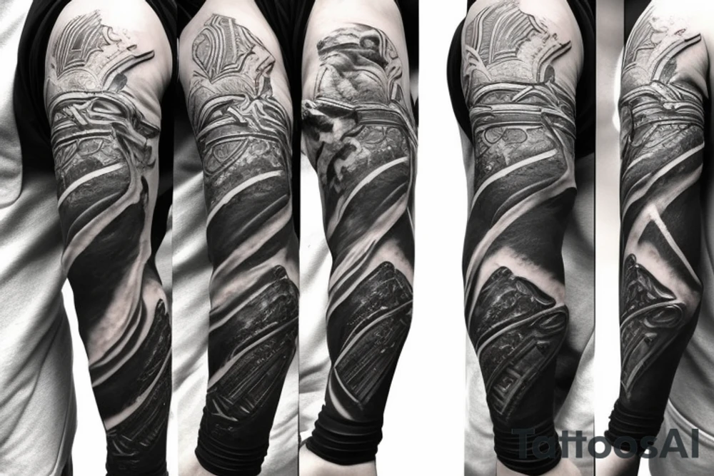 Spartan warrior with helmet full arm sleeve tattoo idea
