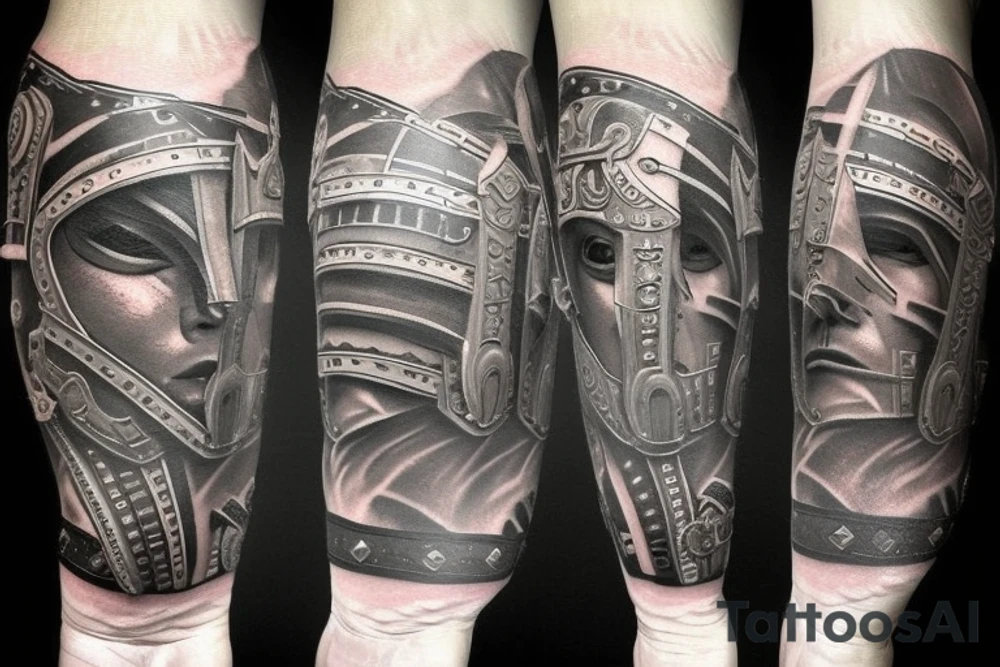 Spartan warrior with helmet full arm sleeve tattoo idea