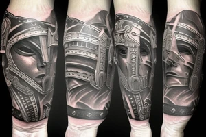 Spartan warrior with helmet full arm sleeve tattoo idea