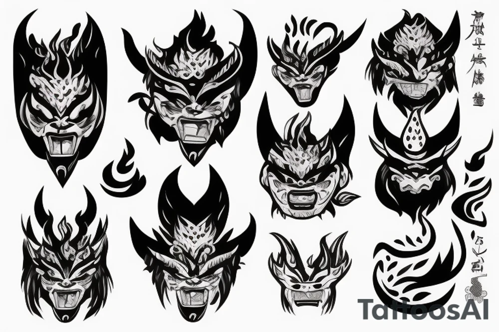oni mask with fire in the background tattoo idea