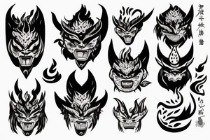 oni mask with fire in the background tattoo idea