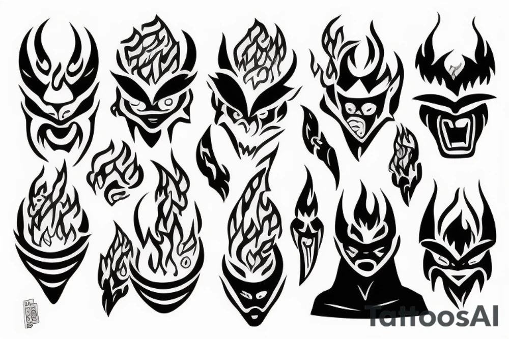 oni mask with fire in the background tattoo idea