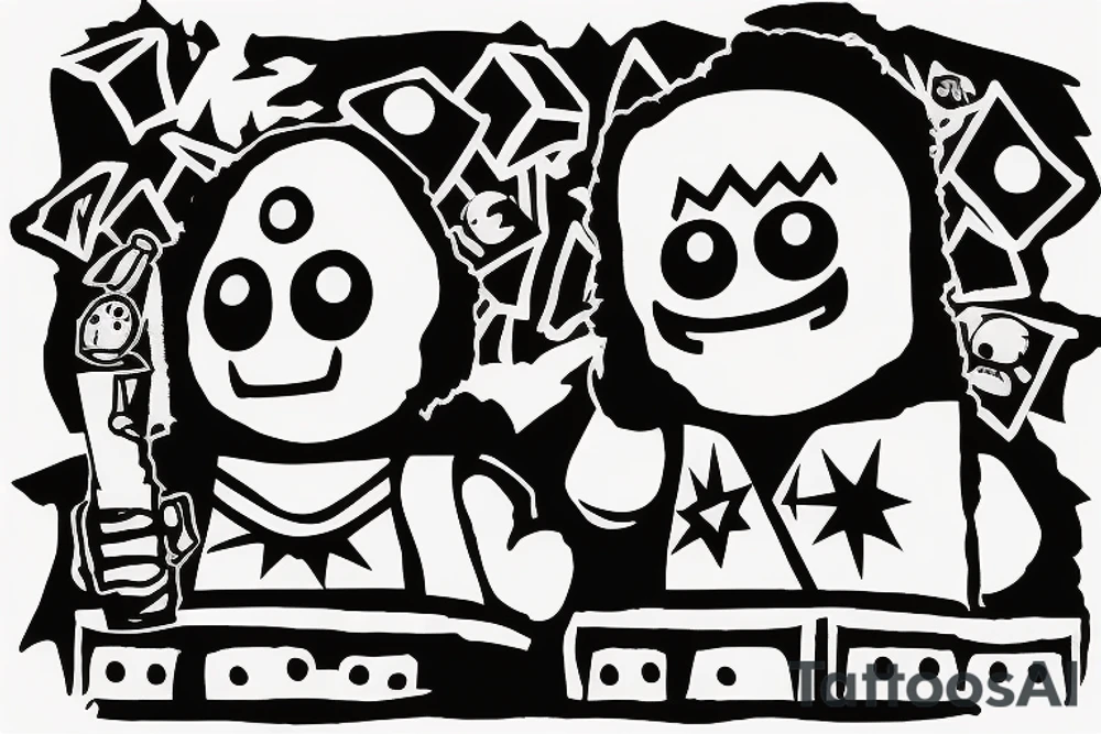 an shy guy holding a Legoman head in his hands tattoo idea