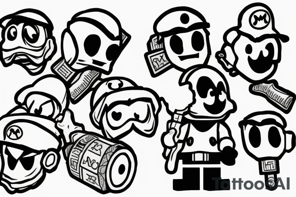 an shy guy(from super mario) holding a Legoman head in his hands tattoo idea